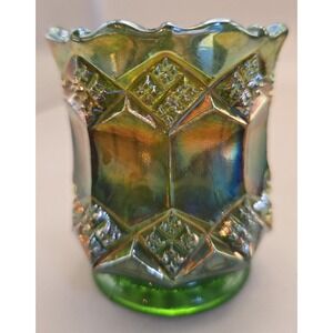 Diamond Pattern Imperial Carnival Glass  Green /Rainbow Colors Toothpick Holder